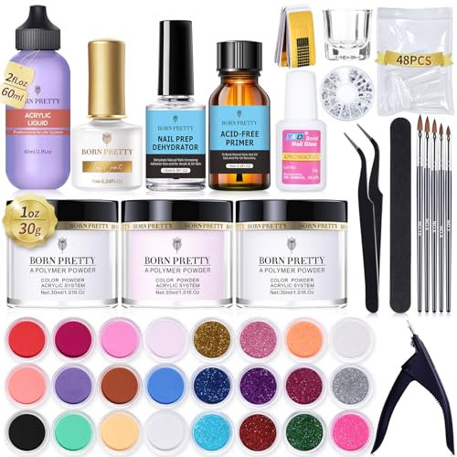 BORN PRETTY Acrylpulver Nägel con Acryl Liquid Acrylnägel Starterset Komplett Acryl Nagelset Acryl Pulver mit Nails Edges Brush Liquid Nagel Tips Acrylgel Acrylfarben Set Nägel Weiß Klar Rosa 3x30ML