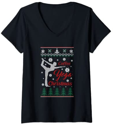 Damen Coffee Yoga Ugly Christmas Sweater, Lustiges Herren Damen T-Shirt T-Shirt mit V-Ausschnitt