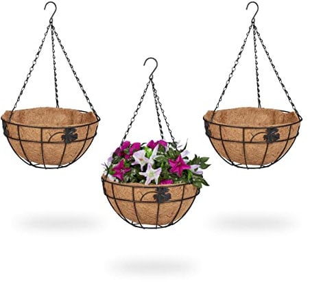 Relaxdays Blumenampel 3er Set, Metallkorb & Kokoseinlage, H x D: 48 x 31 cm, Hängepflanzen, innen & außen, braun/schwarz