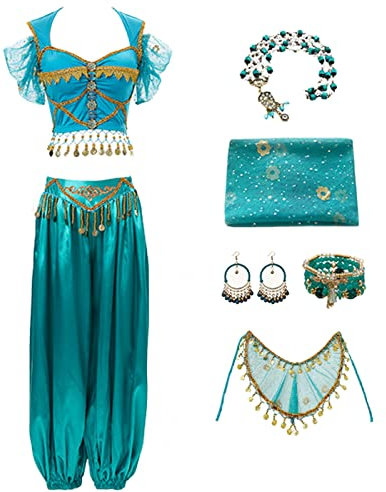 YEAJION Damen Prinzessin Jasmin Kostüm mit Zubehör Prinzessin Aladdin Cosplay Kostüm Bauchtanz Outfit Halloween Karneval Party Bühnenauftritt Kostüm für Erwachsene