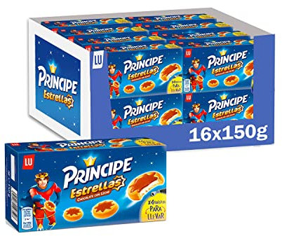 Príncipe Estrellas, Galletas Rellenas de Crema con Leche y Cubiertas de Chocolate con Leche en Forma de Estrella, 16 x 150 g