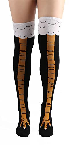 FGFD&OU Lustige Strümpfe Damen Herren Fun Hühnerfüße Socken Kniestrümpfe Overknees Strümpfe Lange Strick Warme Socken Leggings Strümpfe Überknie Hühner Cartoon Sportsocken für Unisex (A-Schwarz)