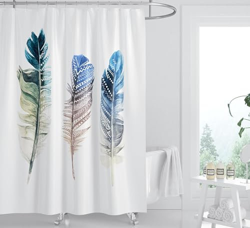 B&T MAISON Rideaux de Salle de Bain imperméable de Motif Artistique en Plumes | Rideau de Douche Polyester Lavable décoratif de Tissu Robuste | Rideau de Douche Anti moisissure de Taille 180x200