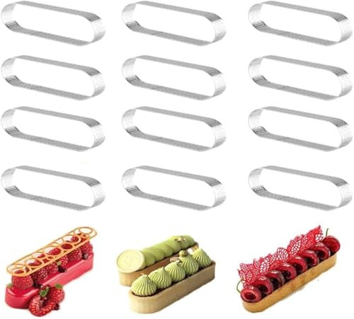 Smallterm 12 Stück Ovale Tortenring Tartelette Förmchen DIY Törtchen Formen Französisch Dessert Mousse Kuchen Torten Ring für Herstellung Von Pie Quiche Kreis DonutsBurger(9.4 * 2.8 * 2cm)