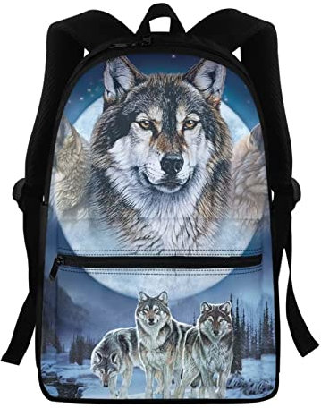 NETILGEN Rucksack für Kinder, Jungen, Mädchen, Schultasche, Teenager, personalisierbar, Rucksack, Schulrucksack, Wölfe mit Mond, One size