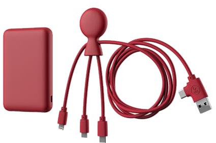 Batterie Externe Plastique Recyclé -Câble Multi USB 4 en 1 : USB C, USB, Lightning,Micro USB et Powerbank 5000mAh Charge Rapide pour Smartphone Universelle - Mr Bio Pack Long 1m Rouge Xoopar
