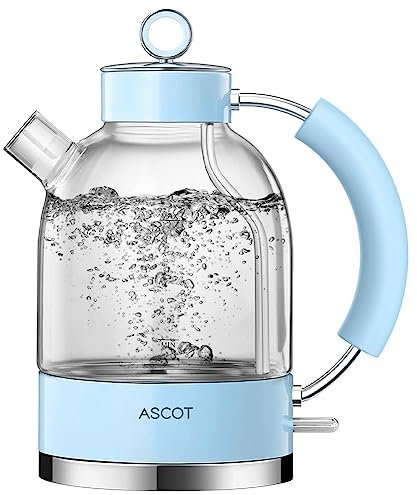 ASCOT Electric Kettle, Glass Electric Tea Kettle, Gift for Man/Women/Family, 1.5L Glass Tea Heater & Hot Water Boiler, BPA-Free, Auto Shut-Off and Boil-Dry Protection (Blue)