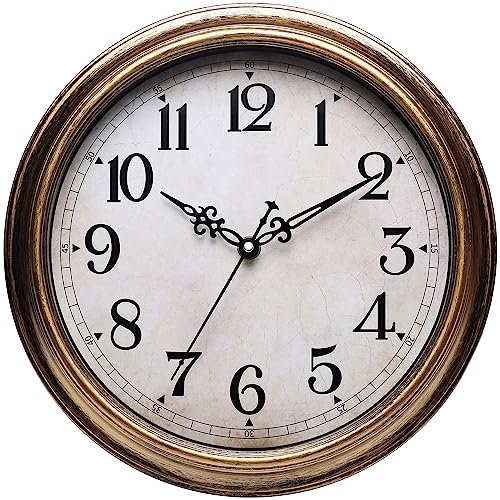 NUOVO Vintage stille Nicht tickende simulierte hölzerne 13.5-Zoll-Wanduhr mit Quarzdekorationsuhr, passend für Schlafzimmer, Küche, Wohnzimmer, Büro und Heimgebrauch (Vintage Gold)