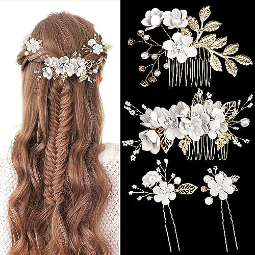 4pcs Brautjungfer Haar Zubehör, Hochzeit Braut Haar Seite Kämme Braut Haar Blume Pieces Haarnadeln für Mädchen, Hochzeit, Ballkleider für Frauen