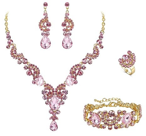 EVER FAITH 4 Stück Schmucksets für Damen Party Hochzeit Braut Strass Kristall floralen Welle Teardrop Halskette baumeln Ohrringe Armband Ring Set Rosa Gold-Tone