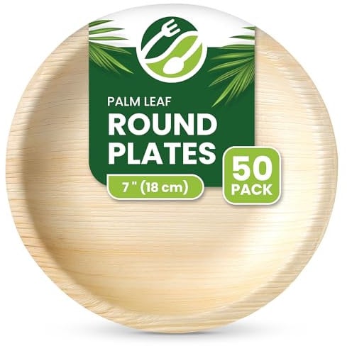 ECO Leaf 50 Disposable Palm Leaf Plates - 7 (18cm) Shallow Round, Compostable & Biodegradable, Microwave & Oven Safe, Eco-Friendly, Strong Plates for Hot Food, Small Dessert & Side Plates
