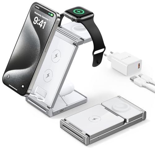 Kabelloses Ladegerät,3 in 1 kabellose Ladestation,Hohosb Faltbares drahtloses Ladegerät aus Zinklegierung für iPhone 15/14/13/12/11 Pro Max/X/Xs Max/8/8 Plus,Apple Watch S2-8/Ultra,AirPods(Weiß)