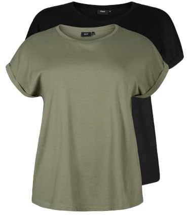 Zizzi Damen Große Größen T-Shirt 2er-Pack Baumwolle Rundhalsausschnitt Gr 50-52 Dusty Olive/Black