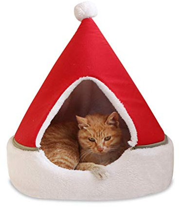 MINGZHE Katzenzelt-Höhlenbett, Weihnachtsbaum-Katzenhausbett, Bequemes Dreieckiges Katzenbett, Haustierzelthaus, Abnehmbares, Bequemes Haustier-Tipi, Weihnachts-Hundehöhle Im Winter(Rot)