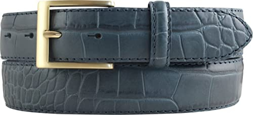 BELTINGER Gürtel mit Krokoprägung 3,5 cm | Leder-Gürtel für Herren 35mm Kroko-Optik | Kroko-Muster Schnalle Gold | Jeansblau 100cm