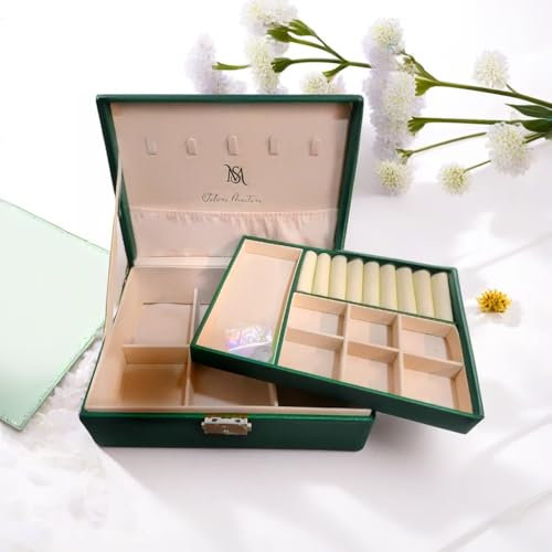 Silver Martini Jewellery Box Organizer, 2 Layer Large Storage Case PU Leather Display Jewellery Holder with Removable Tray for Watches Sunglasses Rings Earrings Necklace Gifts (Green)