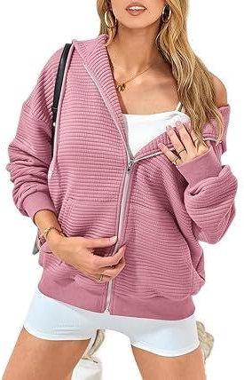 Yoolin Sweat à capuche zippé à manches longues pour femme - Tenue d'automne 2024 - Vestes tendance décontractées, rose, Large