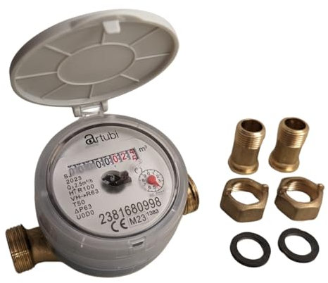 CONTATORE ACQUA FREDDA DN15 (1/2) - PRODOTTO IN ITALIA - CERTIFICATO PER ACQUA POTABILE (DM174/2004 e MID) CORPO IN OTTONE COMPLETO di RACCORDI E GUARNIZIONI Lungo110mm con COPERCHIETTO di protezione