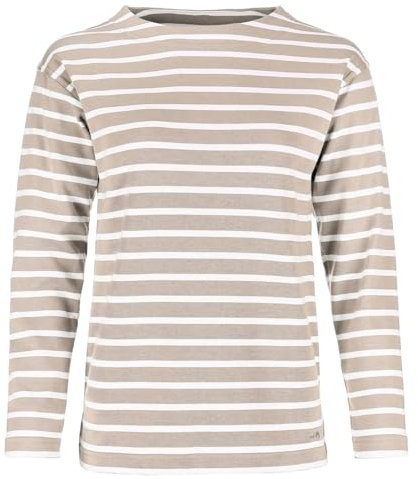 modAS Damen Shirt Bretonisches Damenshirt mit U-Boot Ausschnitt - Ringelshirt Streifenshirt Langarmshirt mit Streifen aus Baumwolle in Sand-Weiß Größe 44