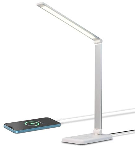 LQWELL® LED Schreibtischlampe Dimmbar Metallmaterial, 5 Farben und 10 Helligkeitsstufen, Augenfreundliche Nachttischlampe mit USB-Aufladung, Touch-Steuerung und Memory-Funktion für Kinder, Büro