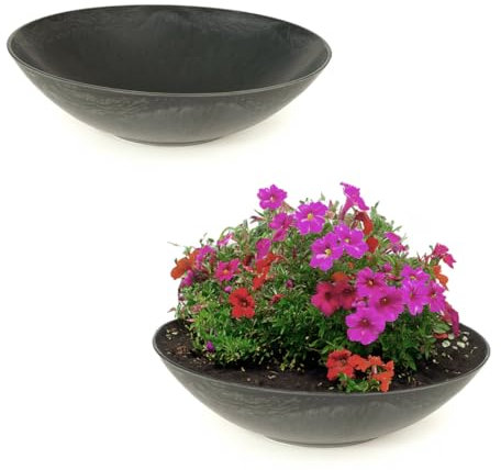 matches21 Lot de 2 grands pots de fleurs décoratifs en noir marbré pour l'extérieur - Plats de 28 cm - Pour fleurs, bonsaï ou cimetière