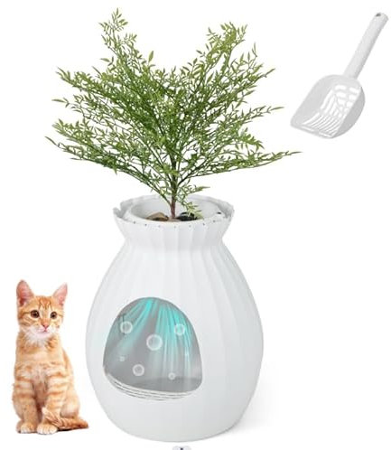 GOPLUS Bac à Litière pour Chat 63L, Contrôle Odeurs, Meuble Litière Chat Caché avec Fausse Plante, Galets, Rideau de Porte, Pelle, Facile à Nettoyer, 50x50x59cm (Blanc)