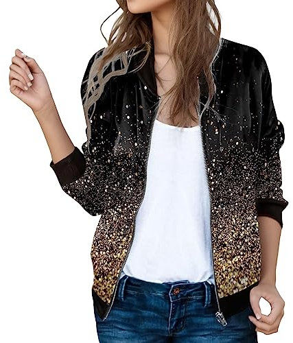Pailletten Bomberjacke Damen Dünn Stehkragen Reißverschluss Windbreaker Blouson Jacke Zip Langarm Tasche Fliegerjacke Bomberjacke Pilotenjacke XL Leicht Kurz Übergangsjacke Bomber Jacket