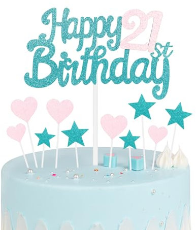 Blue Pink 21st Birthday Cake Toppers - Glitter Heart Stars & Personalised Happy Birthday Cake Cupcake Toppers for Women Girls Baby Parties