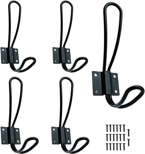 5 Pack Rustikale Eingangshaken - Schwarzer Wandgarderobenständer mit Metallschrauben, Vintage-Doppelgarderobenhaken, langlebige und leicht zu installierende Bauernhaken zum Aufhängen von Kleidung, Män