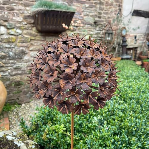 Rusty Metal Flower Stake - 370, Metal Allium Flower Garden Stake, Rustic Wire Climbing Plant Support, Tall Rusty Flower Garden Art, Garden Stake, Rustic Rusty Flowers, Metal Garden Flowers Sculpture