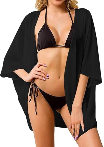 Chiffon Kimono Cardigans Beach Cover Up, 3/4 Sleeve Bikini Shawl Cardigan Open Front Capes Sheer Shrug Top Swim Beach Cover Up Beachwear Blouse Wrap