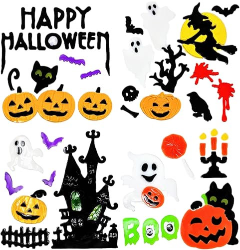 Halloween Gel Fensteraufkleber - 4 Blatt Gruselige Gel Clings für Fenster, Spiegel & Glas - Geister, Kürbisse, Spukhaus, Hexe, Fledermäuse & mehr - Wiederverwendbare Halloween-Dekorationen