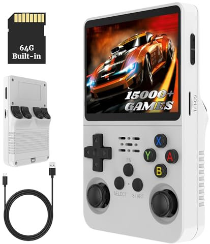 Bewinner R36s Consola de Videojuegos portátil Retro de 3,5 Pulgadas, con Soporte Linux/Garlic de Doble Estilo, Consola Retro con joysticks Dobles 3D (Blanco) (64G)