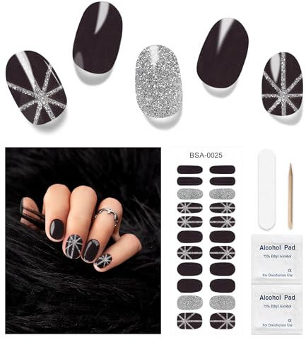 DUKASOU Semi-Cured Gel Nail Strips, 22 Pieces Real Nail Polish Stickers, Gel Nail Stickers, Decals, Long-Lasting Nail Polish Strips for Women and Girls(black silver)