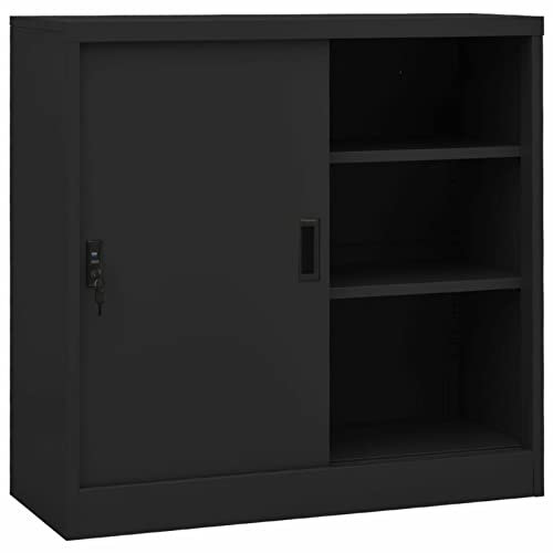 Homgoday Armoire de Bureau Porte coulissante Anthracite 90x40x90cm Acier, Classeur avec 2 réglable étagères, Armoire de Classement pour Documents, Meuble de Rangement pour Bureau Salon