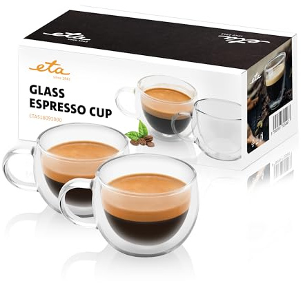 ETA Doppelwandige Espresso Gläser mit Henkel I 80ml I 2 Stück I Kaffeegläser I Borosilikatglas I Geringes Gewicht I Spülmaschinenfest