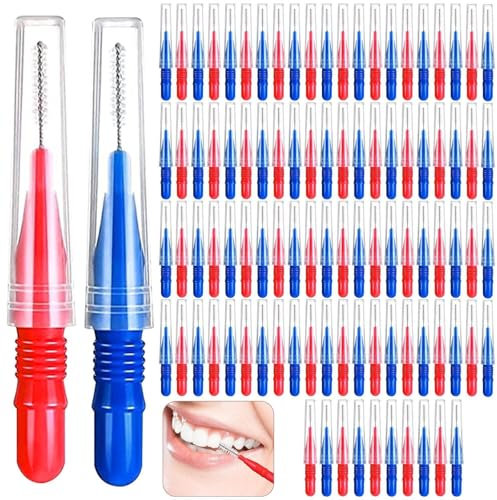 100 Stück Interdentalbürsten, Zahn Zwischenraum Bürste Zahnzwischenraumbürsten Dentalbürsten Wiederverwendbar für Reinigung Zahnreinigung Werkzeug Zwischen den Zähnen (Rot, Blau, 5)