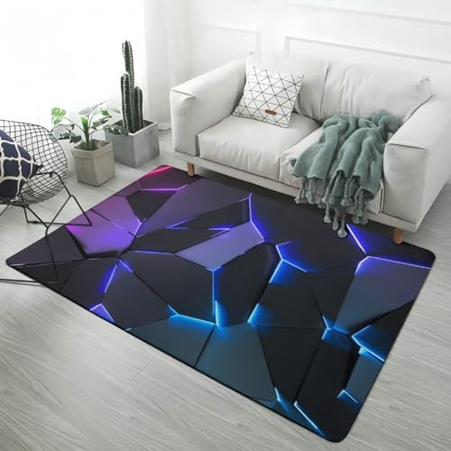 Gaming Bereich Teppich, 3D-Vision Illusion Teppich für Kinderzimmer Decor Geometrie Teppich Wohnzimmer Teppich Zimmer Jugend Lila Blau Illusion Gaming Stuhl Teppich Spielteppich, 120x160 cm, Color3