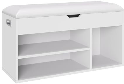 Shoe Bench with Padded Seat, Bed End Stool with Hidden Storage Bench With Storage Chest & 3 Compartments Hallway, Bedroom, Living Room, Easy Assembly, Industrial Design (White)