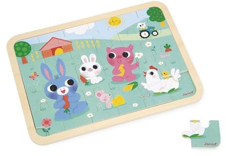 Janod - Holzpuzzle 24 Teile Kinder ab 4 Jahren - Thema Bauernhof - Modell inkl. + Spiel der 5 Fehler auf dem Tablett - Fördert Konzentration und Beobachtungsgabe - FSC-Produkt - J07126
