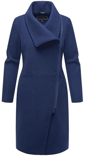 Navahoo Damen lange Übergangsjacke Mantel in Woll-Optik mit asymmetrischem Kragen und wasserdichtem Reißverschluss Samtrose 14 Navy Gr. L
