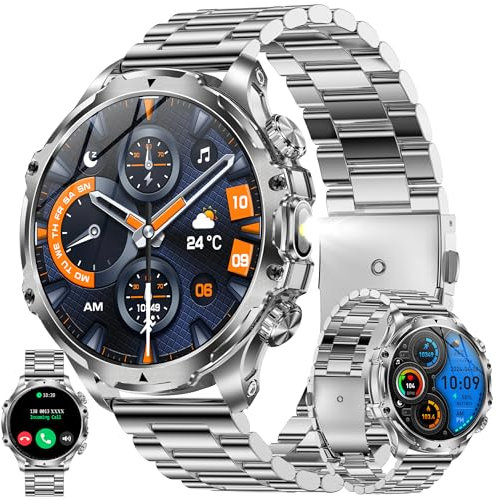 MYSHUN 1.85 Inch AMOLED Men's Smartwatch with Phone Function, 800 mAh Battery, Torch, 5ATM Smart Watch Activity Tracker with 123 Sports Modes, Blood Pressure Pedometer, Watch for iOS Android (Silver)