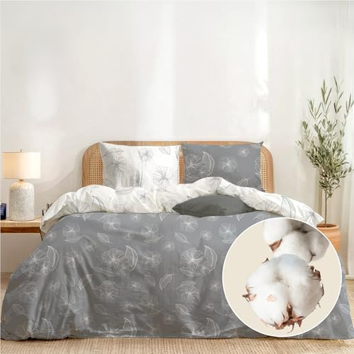 Dreamzie Bettwäsche 220x240 Baumwolle 3-teilig - Ginkgo Grau - 1 Bettbezug 220x240 + 2 Kissenbezug 80x80 - Bettwäsche-Set mit Reißverschluss - Oeko-Tex - Pflegeleicht & Bedruckt