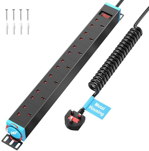 THOWALL 7 Way Surge Protected Extension Lead, 19 inch Rack Mount Power Strip with 360° Swivel Brackets for Home Office Garage, Metal Casing