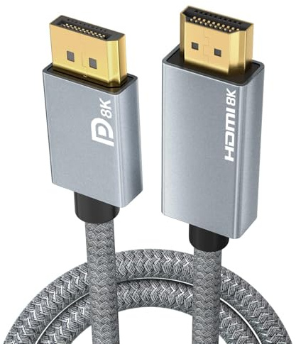 8K DisplayPort auf HDMI Kabel 1m - 8K@60Hz 4K@120/240Hz 2K@360/480Hz, Unidirektional Aktives DP 1.4 Quelle zu HDMI 2.1 Display, Unterstützt HDR VRR, Kompatibel mit AMD NVIDIA Dell Lenovo PC Monitor TV