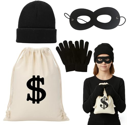 DvBCNMe Dieb Kostüm, Bankräuber Kostüm Set, 4-teiliges Räuber Kostüms mit Geldbeutel, Handschuhen, Mütze und Augenmaske für Karneval, Halloween und Cosplay