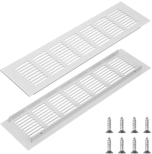 DRERIO 2 Pcs Air Vent Grille Cover, 80mm x 300mm Aluminum Alloy Kitchen Air Vent Cover Cupboard Vents Wardrobe Fridge Vent, Louvred Wall Vent with Screw for Floor, Wall, Door Duct (White)
