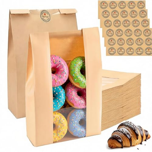50 Pack Paper Bread Bags for Homemade Sourdough Bakery Bag with Window Reusable Sandwichbags Packing Bread Gift Giving,Loaf Bread Bags for Storage Cookies Snacks (13.78x8.27x3.5 In)