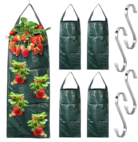 AVCXEC 4 Pièces Sac de Plantation Fraises, 8 Trous Sac Fraise avec Poignées et Crochets Sac de Culture à Fraises Suspendu Sacs Fraisie Culture Sacs à Culture Potager pour Fleurs, Plantation Fraise