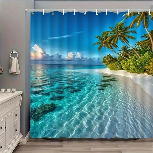 HNBFKD Rideau de Douche Tropical Islands Beach - Tissu Polyester résistant avec Crochets, Lavable en Machine, Rideau de Douche à Suspendre 120x220cm/(WxH)